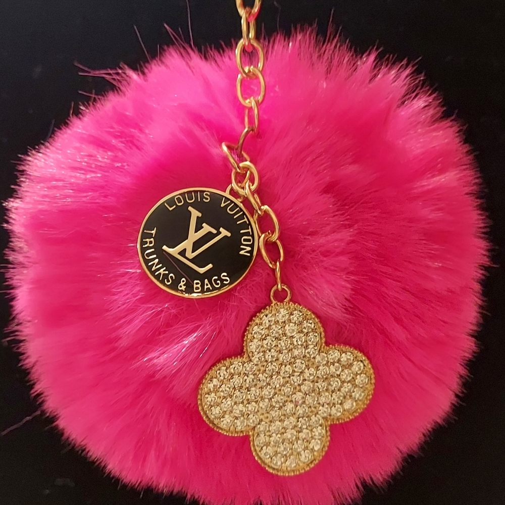 Upcycled LV Hot Pink Pom Pom Fur Rhinestone Clover Keychain Bag Charm